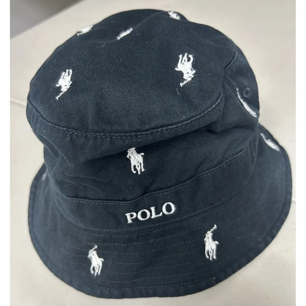 Polo Ralph Lauren Black Bucket Hat Allover Pony Logo Cotton S/M Unisex NWOT